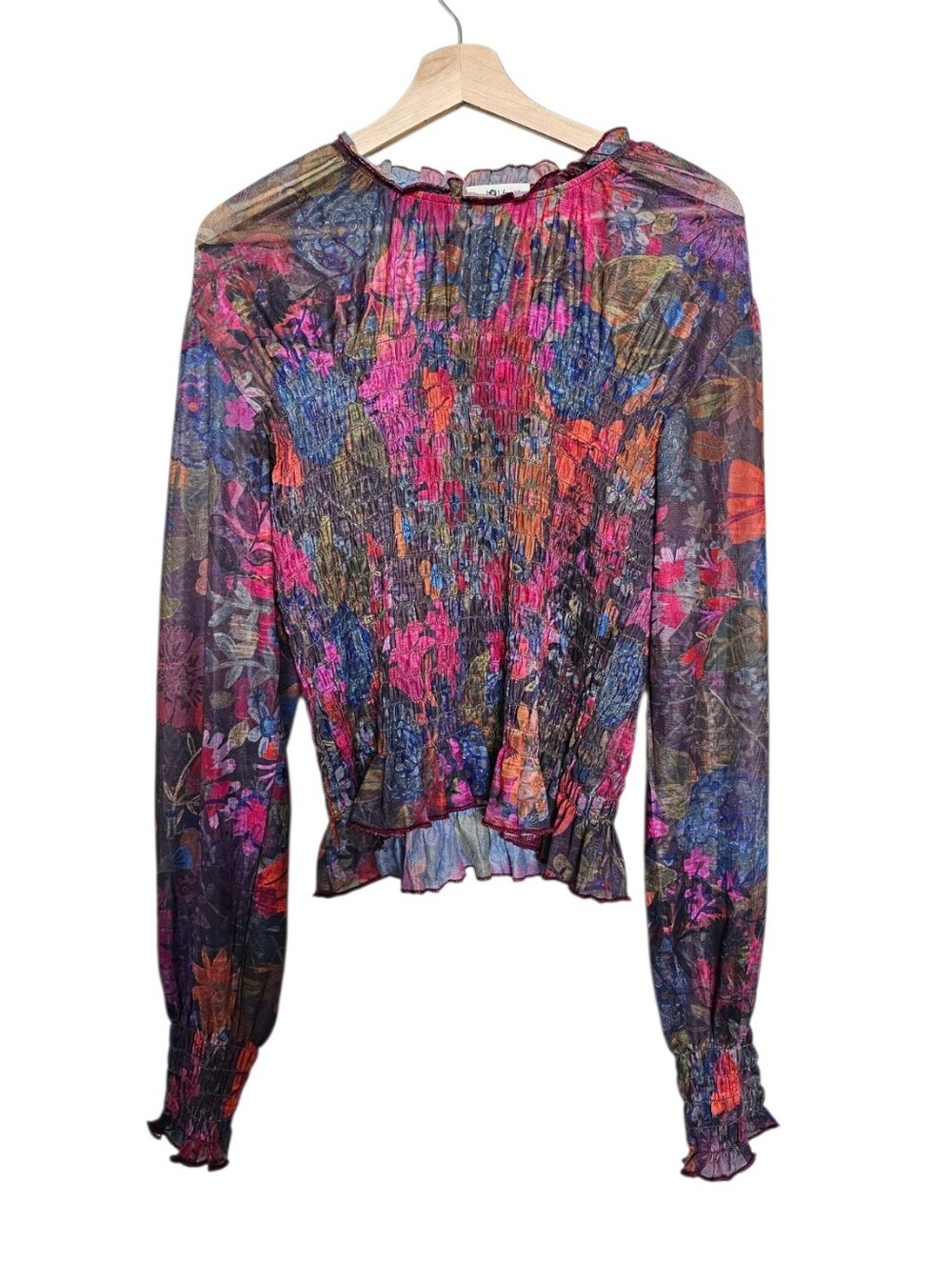 NATURAL LIFE Maroon Shear Floral Long Sleeve Mesh Smocked Top